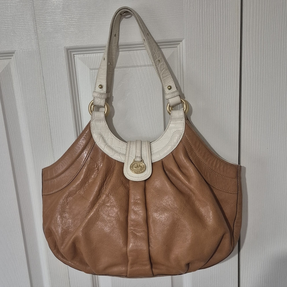 Brahmin Ester Lagoon Shoulder Bag Cream And Tan With Gold Toned Hardware